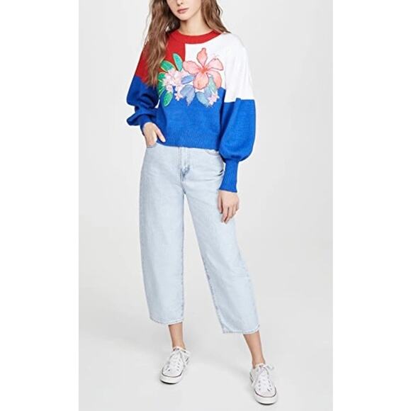 FARM RIO Floral Knit Sweater Women Medium Red White Blue Crew Balloon Colorblock - Picture 2 of 16